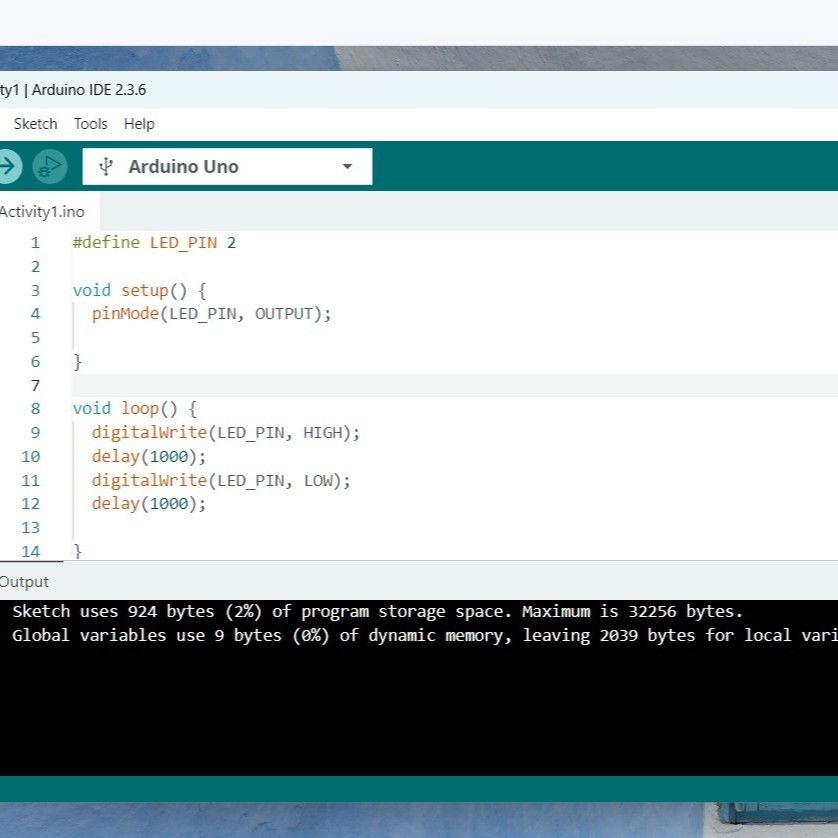 Arduino IDE edited sketch to blink LED on pin 2 and 1 second delay.
