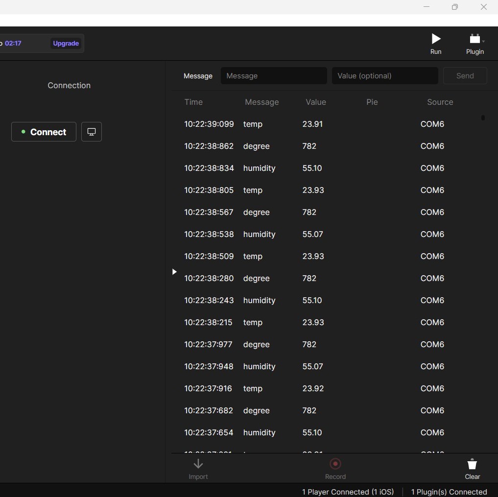 ProtoPie Connect window showing live messages/values (temp, humidity, degree) with Arduino connected and sending real-time sensor data into ProtoPie Connect.